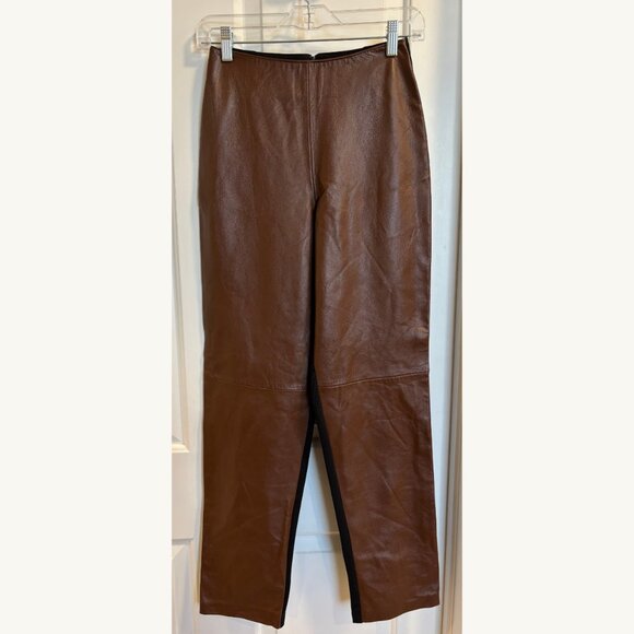 Cache Genuine Leather Pants Brown & Black Women’s Size 4 Straight Leg - Picture 1 of 12